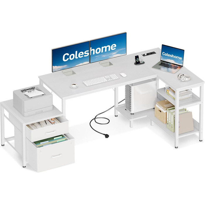 Комп'ютерний стіл кутовий Coleshome з ящиками, білий, 160x80 см