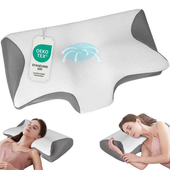 Ортопедична подушка Cozary для шиї з Memory Foam, 2 положення, для сну на боці та при болях у спині, сіра