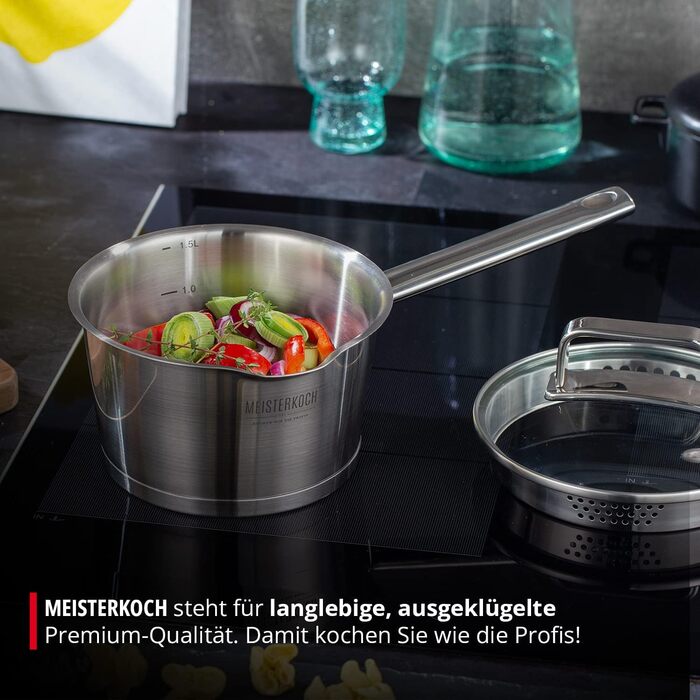Каструля Meisterkoch з нержавіючої сталі 16 см | з виливом, мірною шкалою та ізольованою ручкою | 1 скляна кришка з дрібним та великим ситом | посуд з нержавіючої сталі, підходить для індукційних плит 16 см