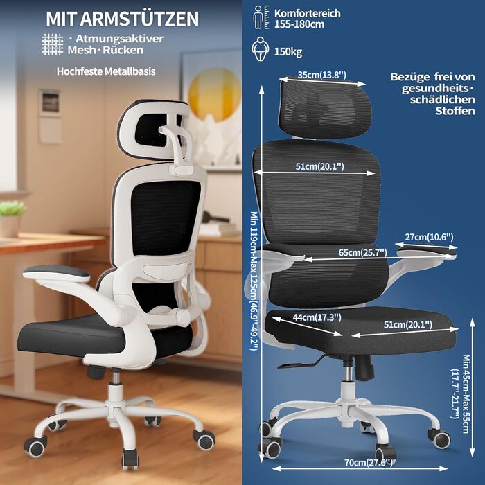 Ергономічне крісло TRALT для офісу з регульованою поперековою підтримкою та підголівником. Ігрове крісло, офісне крісло, крісло для дому, крісло для великих людей, 150 кг, біло-чорне