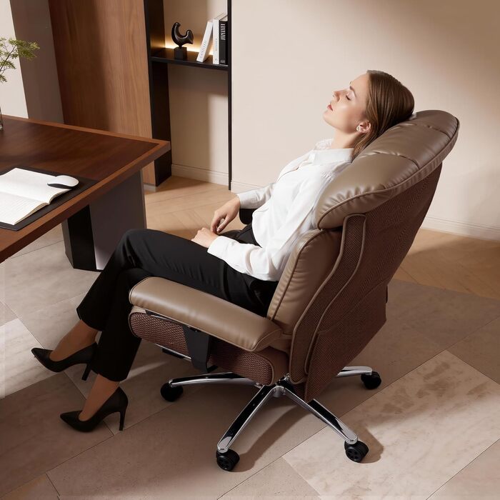 Офісний стілець Efomao XXL 200 кг з підставкою для ніг, штучна шкіра, висока спинка, регульовані підлокітники, підтримка попереку, сірий. Для дому та офісу