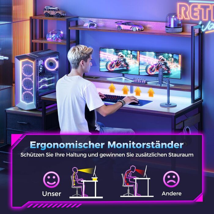 Ігровий стіл Coleshome з полицями та ящиками, 137x48 см. Стіл для геймінгу з LED-підсвічуванням та розеткою, комп'ютерний стіл з місцями для зберігання та підставкою для монітора (Коричневий)