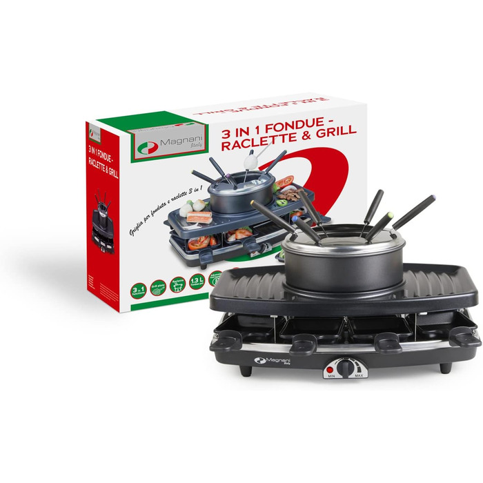 Набір для раклет, фондю та гриль MAGNANI 3 в 1 на 8 осіб з регулюванням температури, виделки та сковорідки, 1100W, антипригарне покриття