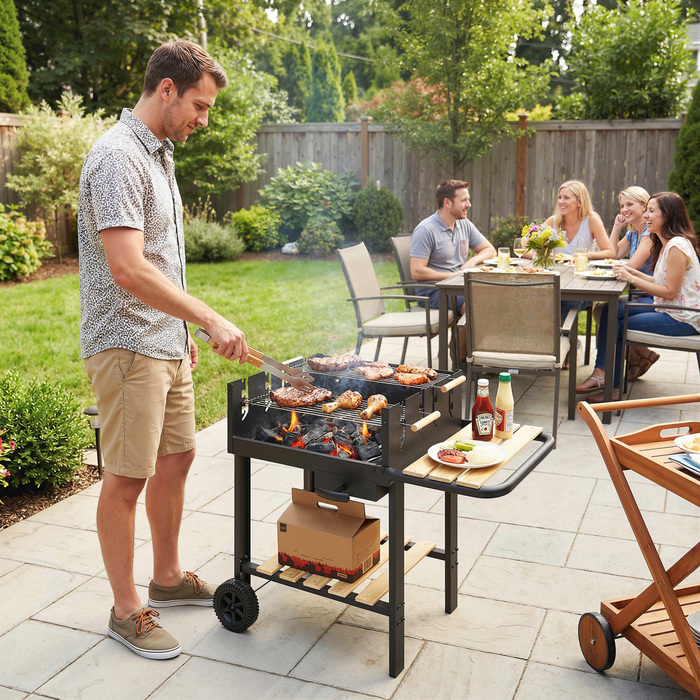 Вугільний гриль-візок з регульованою решіткою (4 рівні), 2 полицями для дров, 2 колесами та попільницею, 99,5 x 58 x 82 см