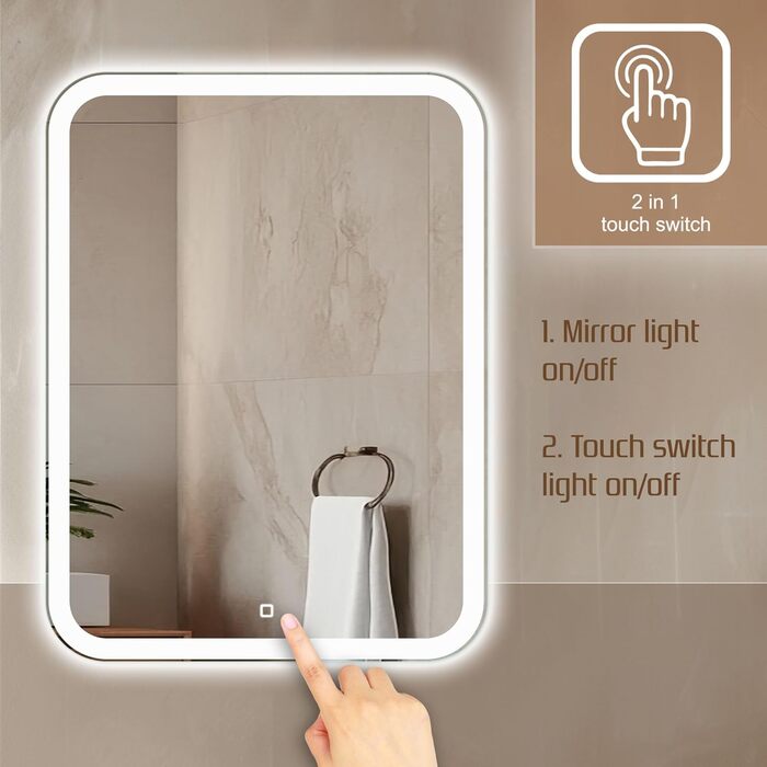 Дзеркало для ванної кімнати Venti 50x70 см з підсвічуванням та сенсорним вимикачем, LED дзеркало для ванної кімнати