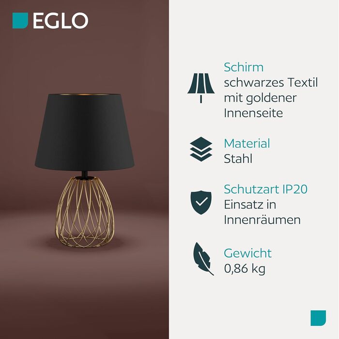 Торшер EGLO JAZMINIA – вінтажний торшер 45 см, чорний та латунь, тканинний абажур, ретро дизайн, метал, патрон E27, LED сумісний, вимикач на кабелі