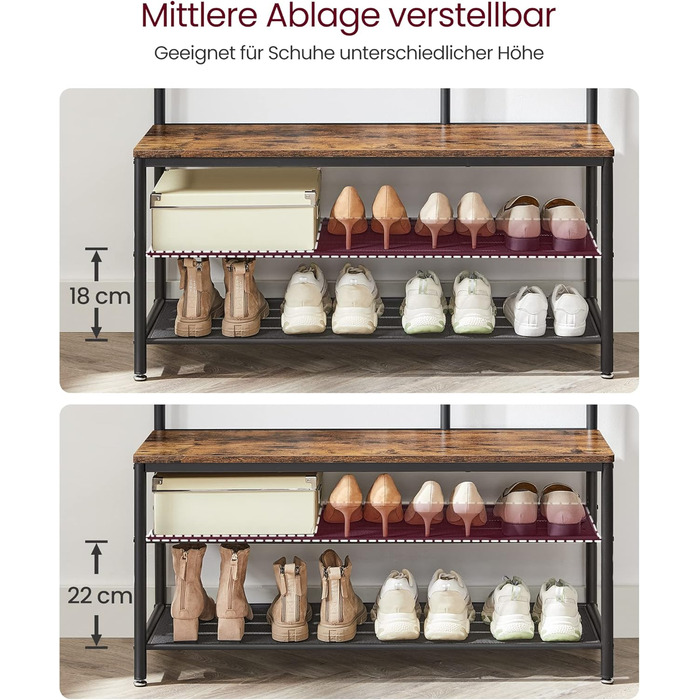 Дзеркало-вішалка VASAGLE HSR415B01 з банкеткою, полицею для взуття, гачками, 35 x 98 x 180 см, для прихожей, спальні, вітальні, індустріальний стиль, вінтажний коричневий + чорний