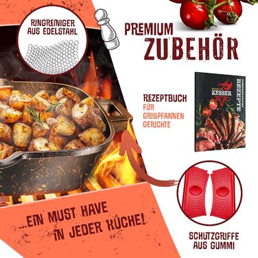 Сковорода-гриль KESSER® з чавуну для індукційних плит, 30 см | Сковорода з чавуну для приготування стейків | З захисними ручками, рецептами та очищувачем