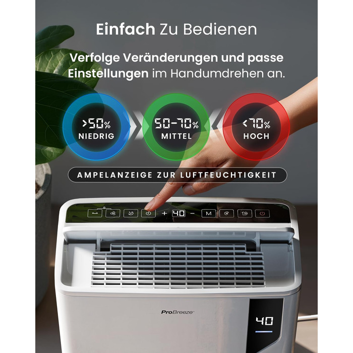 Електричний осушувач повітря Pro Breeze 20L - для приміщень до 35м², з функцією сушіння білизни, датчиком вологості, таймером та фільтром. Захист від плісняви. Керування через додаток.