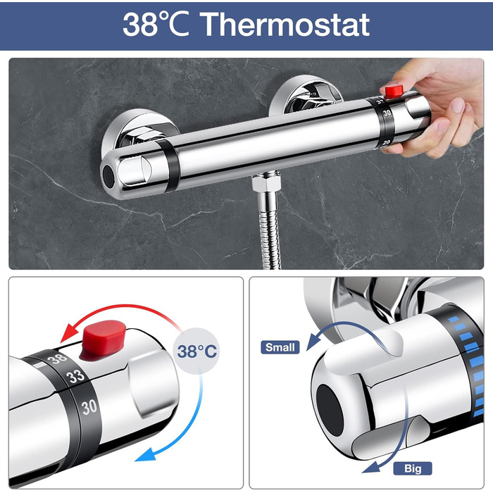 Змішувач для ванни з термостатом, накладний, хром, латунь, з кнопкою безпеки 38°C, для ванни, душ, термостат, водопровідний кран