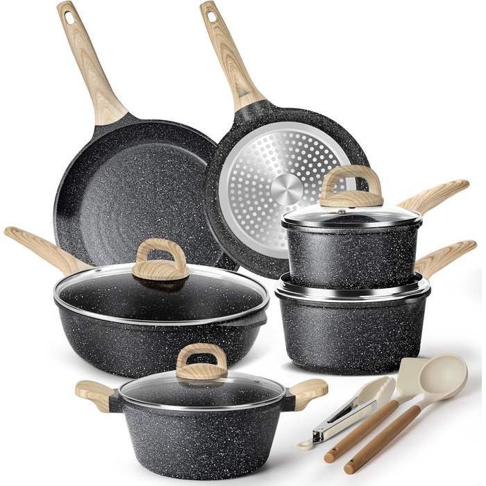 Набір каструль з кришкою для індукційних плит, 13 предметів, чорний гранітний набір посуду, антипригарне покриття без PTFE та PFOA