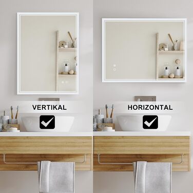 Дзеркало для ванної кімнати Puchika з підсвічуванням LED, 50x70 см, настінне, регульоване, тепле/холодне/нейтральне світло 3000-6400K, IP44, сенсорне керування, антизапар, годинник