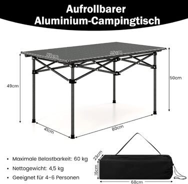 Складний стіл для кемпінгу COSTWAY, розкладний стіл з рулонною стільницею, розкладний стіл Садовий стіл з алюмінієвою стільницею на 4 особи, включаючи сумку для перенесення, 95 x 55 x 50 см, чорний