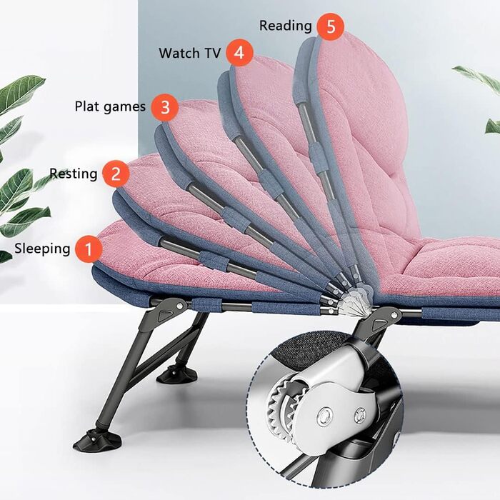 Розкладне кемпінгове ліжко-шезлонг XXL посилене, регульована спинка, компактне польове ліжко для відпочинку на природі та вдома (Рожеве)