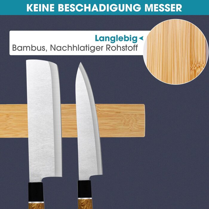Покращений 50 см Магнітний ніж, надміцний тримач для ножів з нержавіючої сталі, настінний тримач з магнітною планкою, самоклеючий простий в установці, тримач для ножів з магнітною стрічкою для організованої кухні (02 бамбука-40 см)