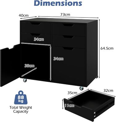 Шафа для документів Komfotteu з 5 колесами, контейнер на коліщатах з 4 шухлядами та 2 дверцятами, дерев'яний офісний контейнер, шафа для документів, візок для офісу, стіл для принтера для офісу, вітальні (Білий) (Чорний)
