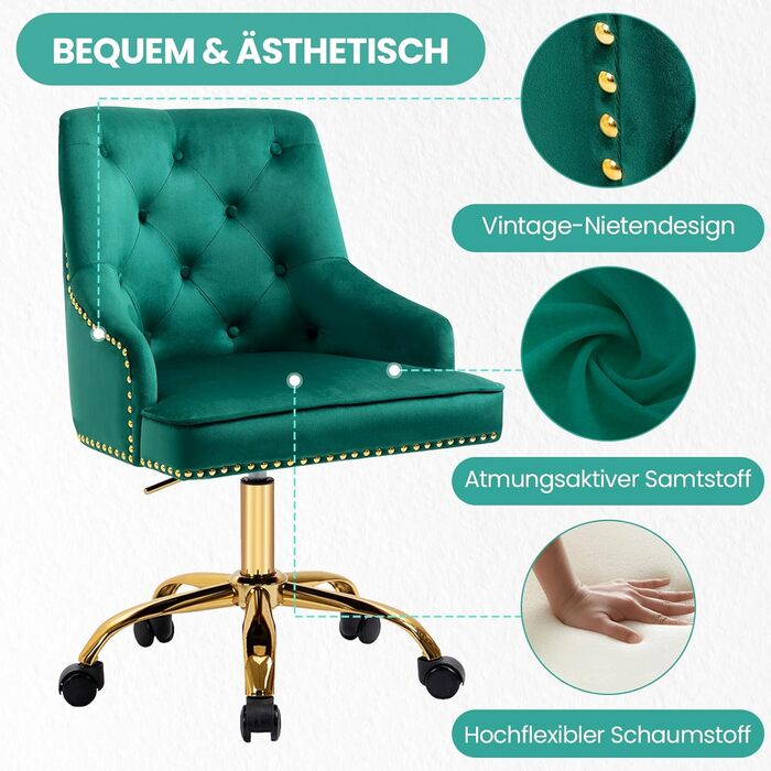 Крісло офісне Fiximaster з велюру, поворотне, з регулюванням висоти, золоті ніжки, для офісу, спальні, туалетного столика, до 135 кг (Зелений)