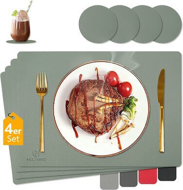 Набір скатертин та підставок під посуд HELI MIAO, 4 шт., 43x30 см, водонепроникні, стійкі до нагрівання, імітація шкіри, зелений
