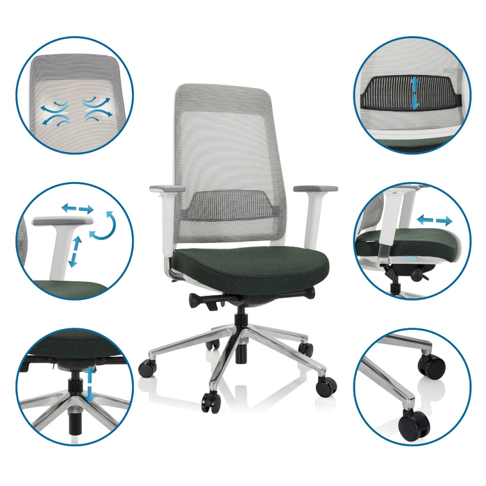 Офісне крісло / поворотне крісло CHIARO T2 WHITE сітка / тканина темно-зелений / сірий hjh OFFICE