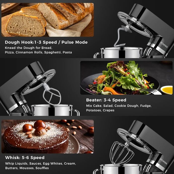 Кухонна машина POWWA 5.5L з 6 швидкостей, 1500W, для замішування тіста, з міксером, гаком для тіста та насадкою для збивання, чорного кольору
