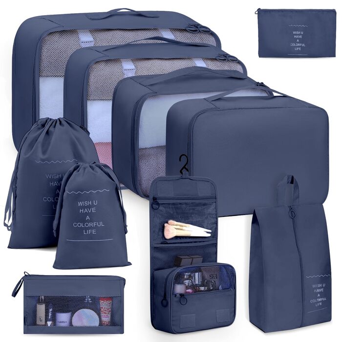 Набір органайзерів для подорожей Anjing (10 предметів), водонепроникні пакувальні куби для валізи, компактний набір для зберігання речей у дорогу, темно-синій
