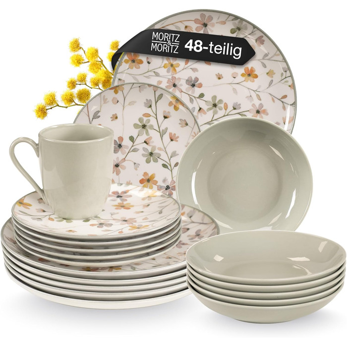 Набір посуду Moritz & Moritz PRIMAVERA Steingut для 6 осіб (24 шт.) - сучасний сервіз з іграшковим дизайном, легкий у догляді, включає тарілки, миски та чашки