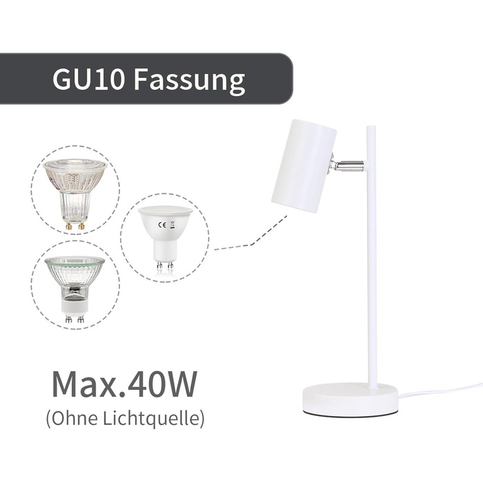 Настільна лампа для вітальні, спальні та офісу: поворотна 350°, цоколь GU10, металева, з вимикачем, білий (2 шт.)