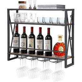 Стильна полиця для вина Komfotteu на стіну, дерев'яна з металевим каркасом, з тримачем для келихів, органайзер для пляшок, бар, кухня, вітальня (80 x 20 x 63 см)