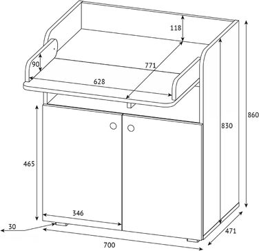 Комод для дитячої кімнати Shefa Wickelkommode 700 Teddy, білий - сучасний комод для немовлят, 47 x 70 x 86 см, білий/сірий