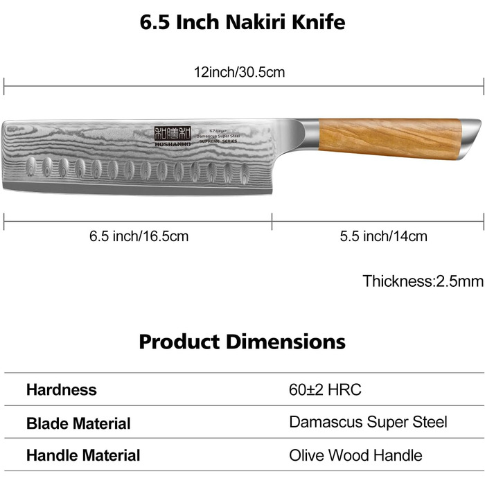 Японський ніж HOSHANHO з дамаської сталі 20 см, 67 шарів, кухонний ніж, надзвичайно гострий, з ергономічною ручкою оливкового кольору (16.5 см Nakirimesser)