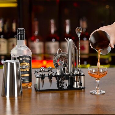 Набір для коктейлів Cinnani 15 предметів з підставкою, нержавіюча сталь, професійний шейкер-бостонський, подарунковий набір для бармена