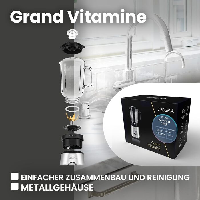 Багатофункціональний блендер ZEEGMA Grand Vitamine 1600 Вт, блендер зі скляною ємністю 1,7 л, три автоматичні режими, плавне регулювання швидкості, 6 ріжучих ножів з нержавіючої сталі GRAND VITAMINS Срібло
