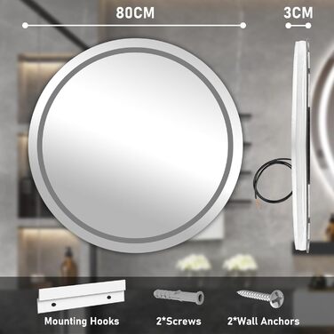 Дзеркало для ванної кімнати з підсвічуванням, 60 см, кругле, з антизапарюванням, регульоване, 3 кольори світла (80x80 см, Bluetooth, антизапар, диммування, 3 кольори)