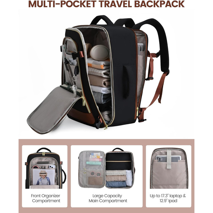 LOVEVOOK Рюкзак для ручної поклажі, дорожній рюкзак для жінок, водонепроникний, з відділенням для взуття, 17-дюймовий ноутбук, 40L, 45x36x20 см, Carry on Luggage (Чорний+сірий+коричневий)