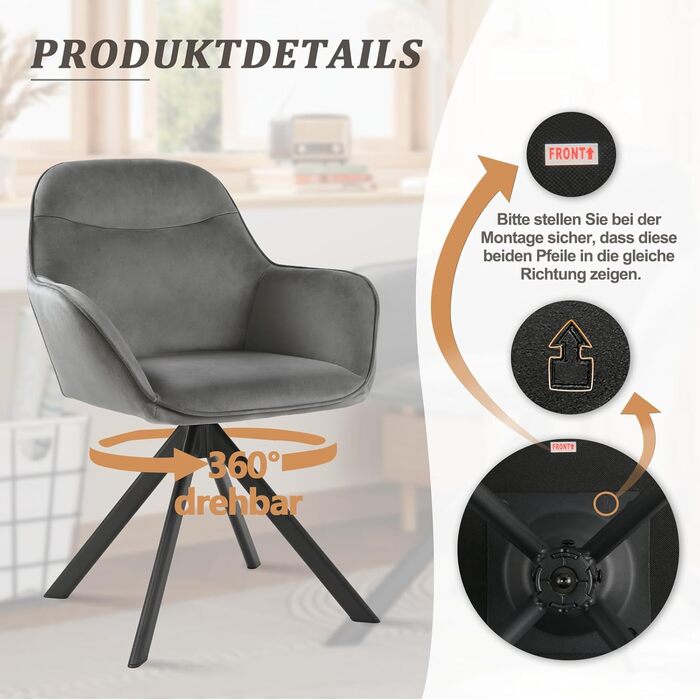 Набір з 6 обертових кухонних стільців з підлокітниками, м'який стілець з велюру, для вітальні та їдальні, темно-сірий