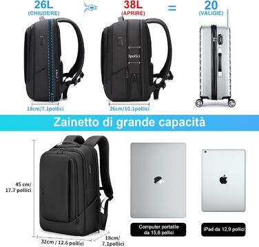 Рюкзак для ноутбука FENRUIEN 26L-38L, Бізнес, 15.6 дюймів, USB-порт, Чорний