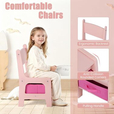 Дитячий стіл LIFEZEAL 3 в 1 з 2 стільцями: стіл для малювання, активностей та обіду. Дерев'яна дитяча група з місцем для зберігання (Рожевий)