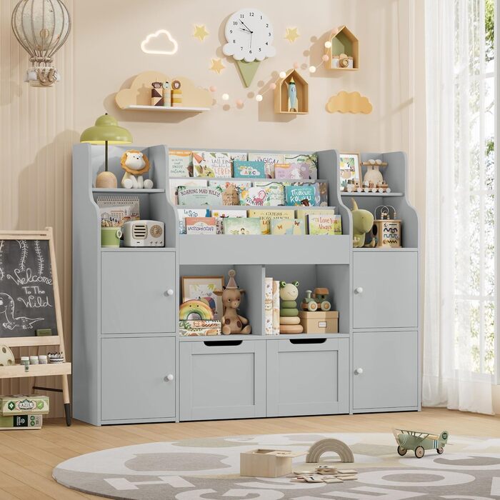 FOREHILL Поличка для іграшок та книжок у дитячу кімнату з дерева, сіра, 122 x 30 x 100 см