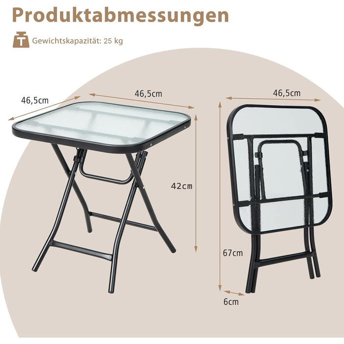 Складаний журнальний столик COSTWAY, стійкий до погодних умов, скляна стільниця, 46,5x46,5x42 см для балкона/саду/тераси