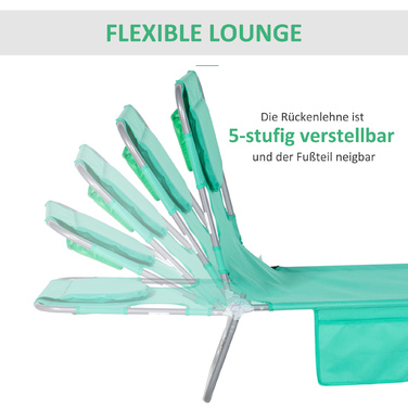 Шезлонг для саду з підголівником та кишенею, масажний шезлонг для відпочинку на відкритому повітрі. Рама з металу, оббивка з тканини, колір - зелений.