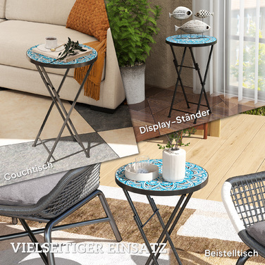 Outsunny Side Table Складаний садовий стіл з мозаїчним дизайном, Ø35,5 x 55 см Круглий стійкий до погодних умов металевий балконний стіл, Кемпінговий стіл Розкладний стіл Журнальний столик для вітальні, офіс, Відкритий Внутрішній, Синій, Синій