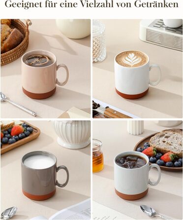 MALACASA Набір посуду з 24 предметів для 6 осіб, керамічний сервіз з реактивною глазур'ю, тепла колірна гамма. Включає: 6 тарілок для їжі, 6 тарілок для десерту, 6 супових тарілок, 6 мисок для мюслі. Колір: білий з коричневим низом (4 чашки для кави, бага