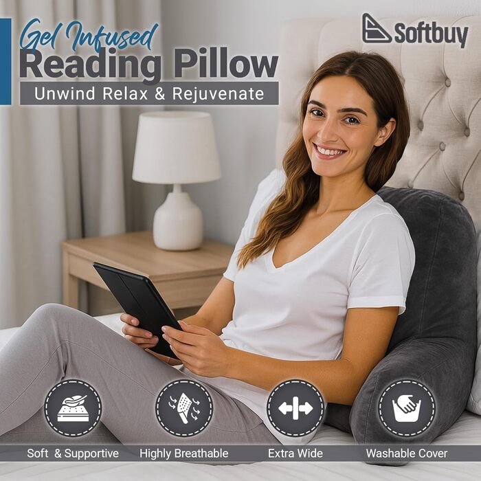 Велике читальне крісло-подушка Softbuy 78,7 см з підголовником, регульована XL-подушка для ліжка, м'яке крісло для дорослих з підлокітниками, ідеально для читання та відпочинку, велике (середнє)