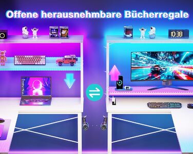 Ігровий стіл Coleshome L-подібної форми з LED підсвічуванням та розетками, 115x80 см. Реверсивний стіл з полицями для зберігання, ігровий кутовий стіл з сумкою для дому та геймінгу.