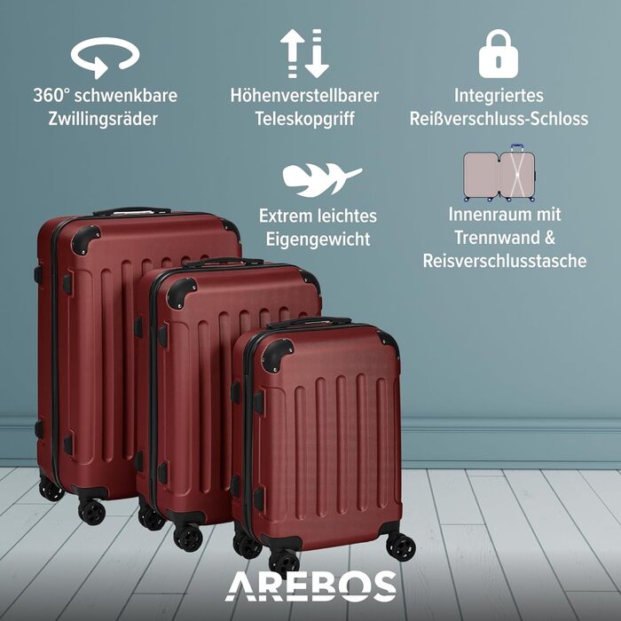 Набір валіз Arebos 3шт. з ABS-пластику | Trolley валіза | Червоний | з TSA-замком, 360° колеса | M-L-XL