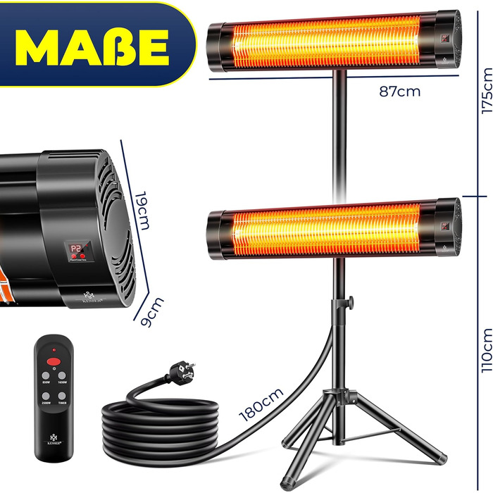 Інфрачервовий обігрівач KESSER® 2500W з пультком та захисним чохлом, телескопічним штативом, для тераси та дому