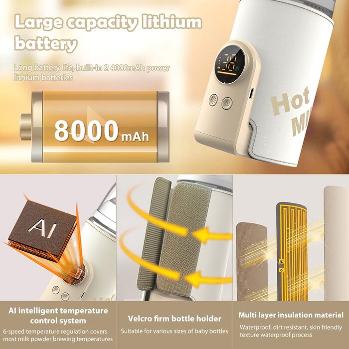 Портативний підігрівач для пляшечок Baby: LCD-дисплей, 6 температурних режимів, швидкий нагрів, для дому та подорожей