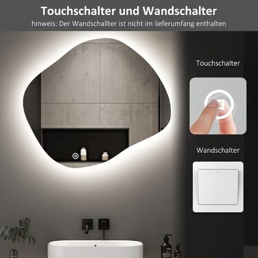 Асиметричне дзеркало для ванної кімнати Boromal з підсвічуванням 80x80 см LED, сенсорний вимикач, 3 кольори світла, регулювання яскравості