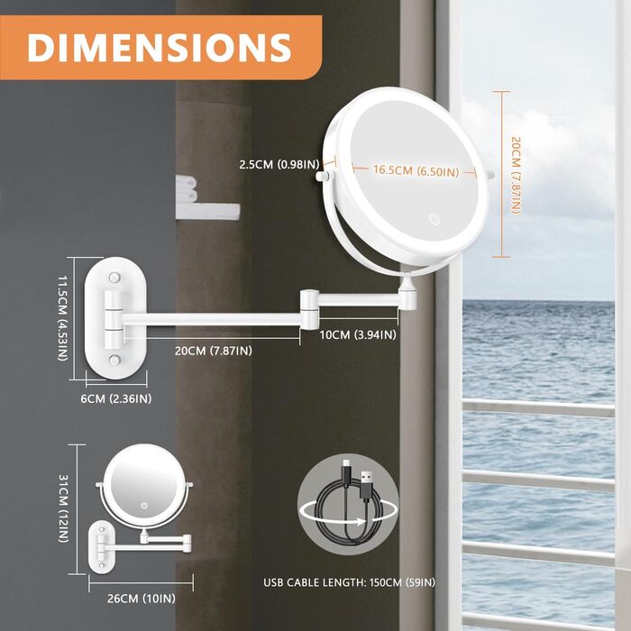 Дзеркало для макіяжу Auxmir з підсвічуванням, 1x, перезаряджуване, з підсвічуванням для гоління, настінне, з регулюванням яскравості, збільшувальне (30x), 3 кольори світла, поворотне на 360°, для ванної кімнати (білий)