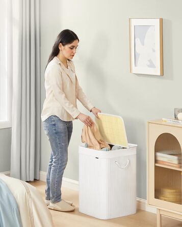 SONGMICS Кошик для білизни 95 л з кришкою, бамбук, з ручками, складний, знімний мішок для прання, для пральні, LCB060Y01 (95 л)